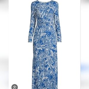 Lilly Pulitzer Blue and White Floral Alessani Maxi Scoop-Neck Dress